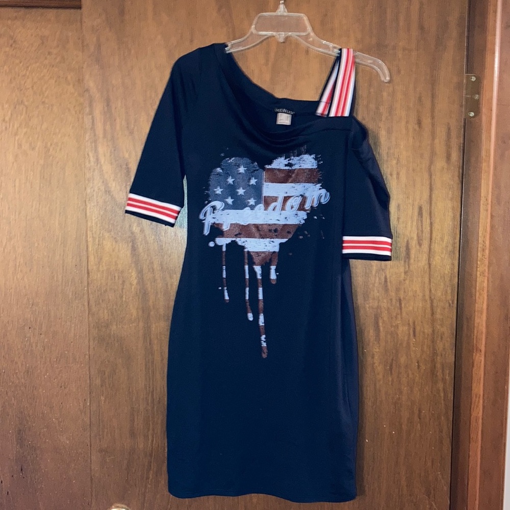 Festive dress by Venus. One shoulder. Red white and blue.
